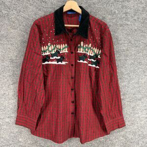 Karen Scott Shirt Women 2X Plus Red Plaid Button Up Collared Long Sleeve Cotton